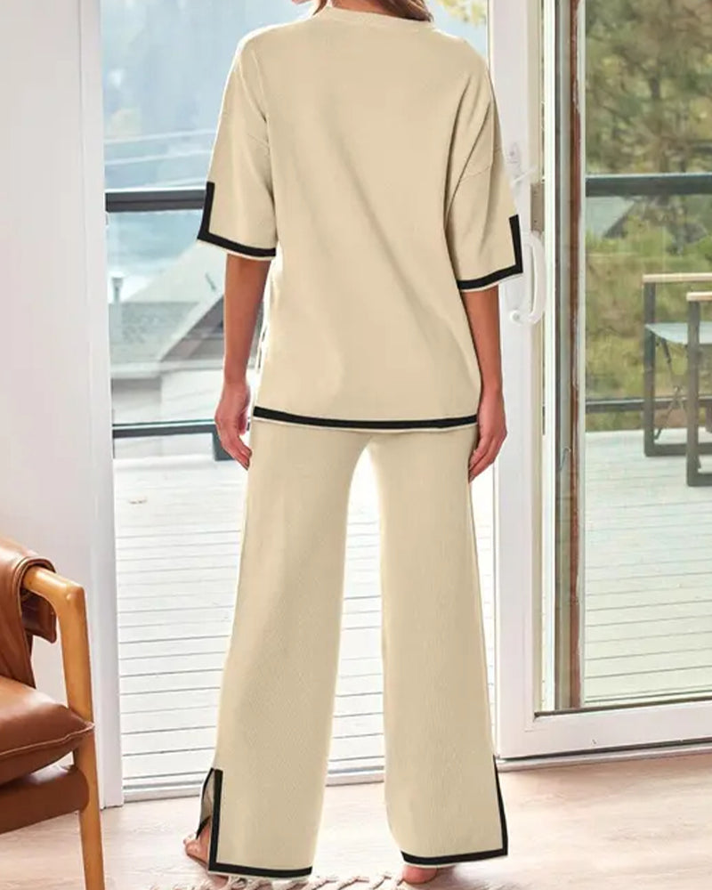 Set Col Rond Lâche Contraste Garniture Jambe Large