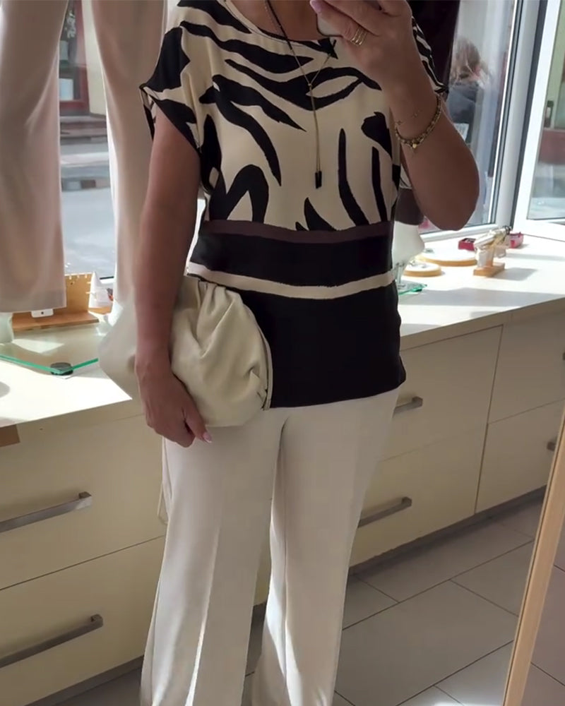Blouse Col Rond Géométrique Patchwork Manche Courte