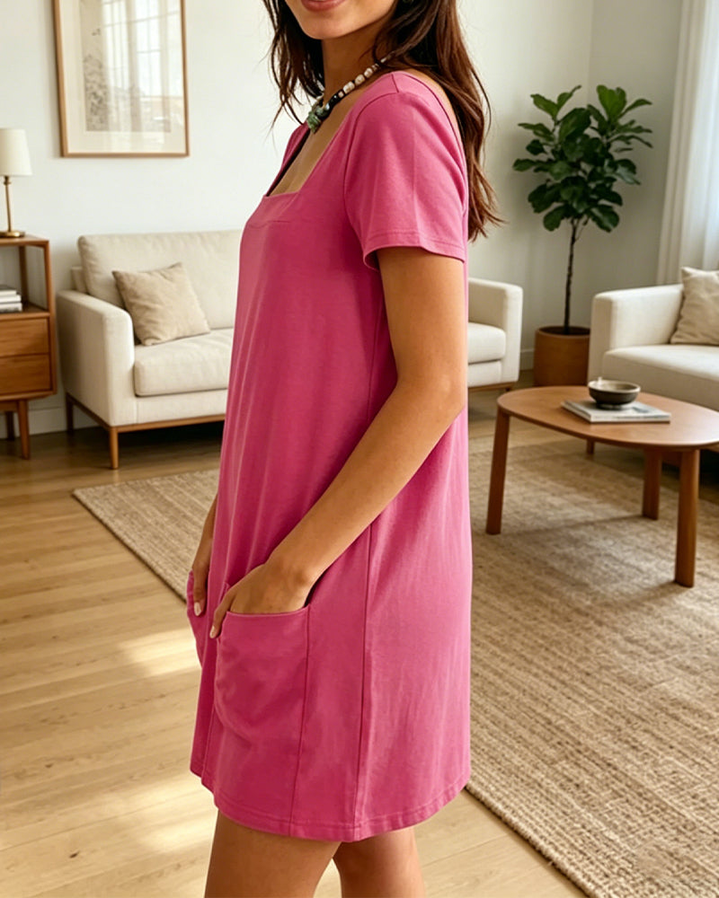 Robe Col Carré Manches Courtes Poche