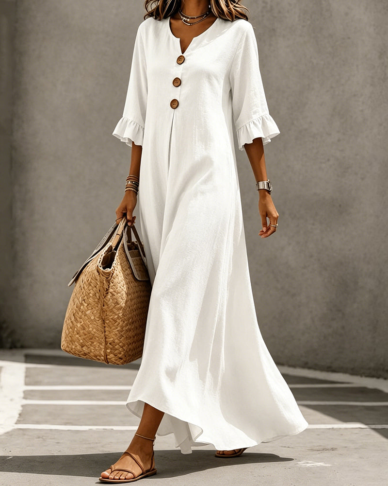 Robe Col En V Bouton Volant Jupe Ample