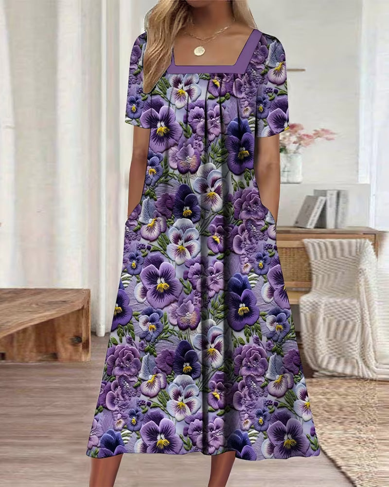 Robe Col Carré Fleuri Plissée Maxi