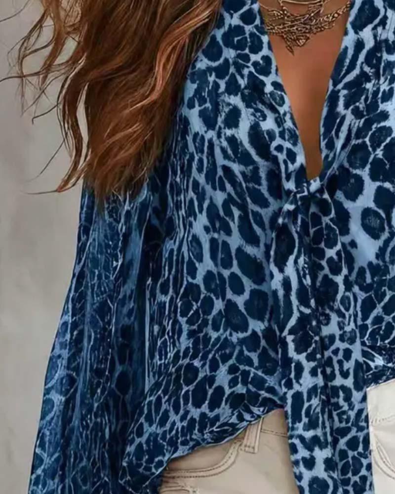 Chemise Col‑v Léopard Transparent Manches‑longues