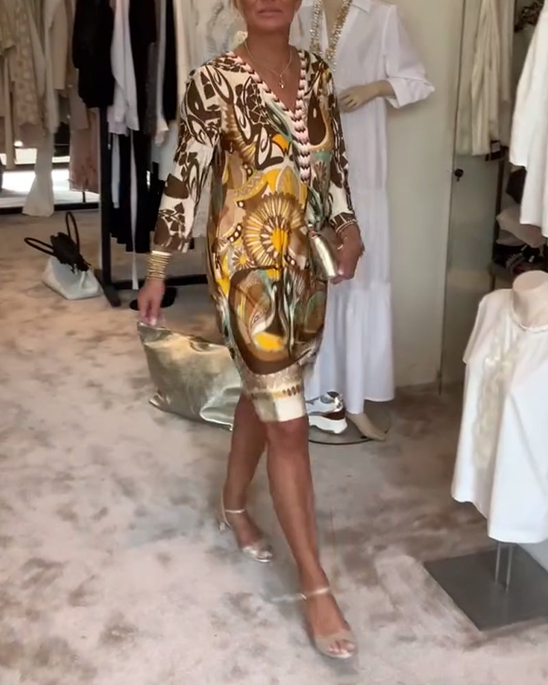 Robe décontractée à col en V et imprimé rétro