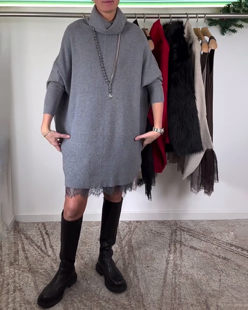 Robe Costume en Dentelle Maille avec Bretelles Col Haut Manches Chauve-Souris