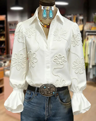 Chemise Fleur Manche Évasée Col Mandarin
