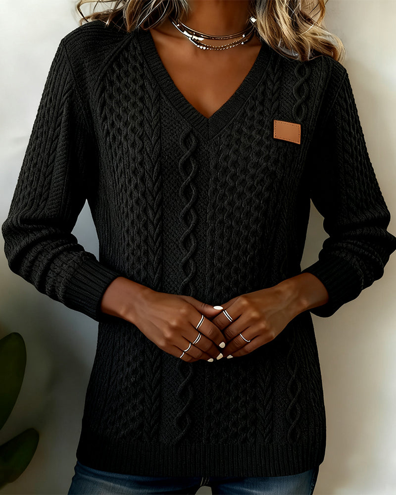 Sweat À Col En V Et Manches Longues Avec Étiquette En Cuir