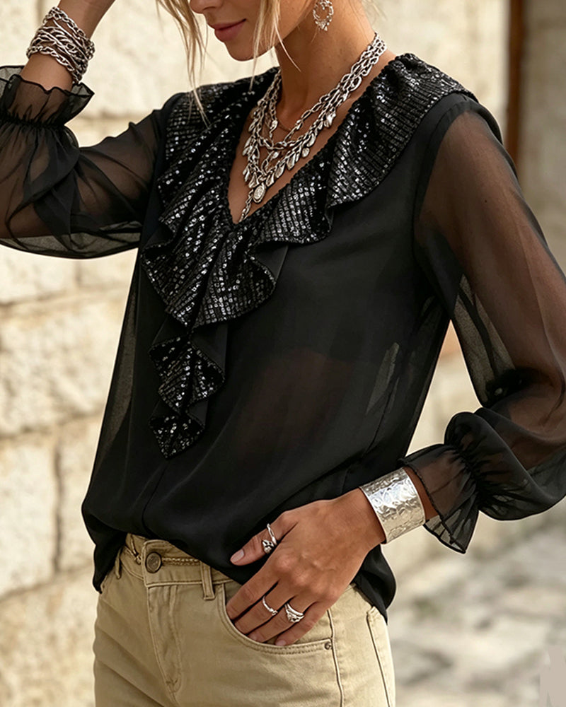 Blouse Élégante Col En V Dentelle Garniture Sheer