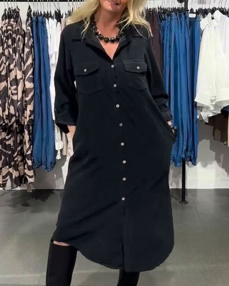Robe Revers Poche Boutonné Longue Chemise