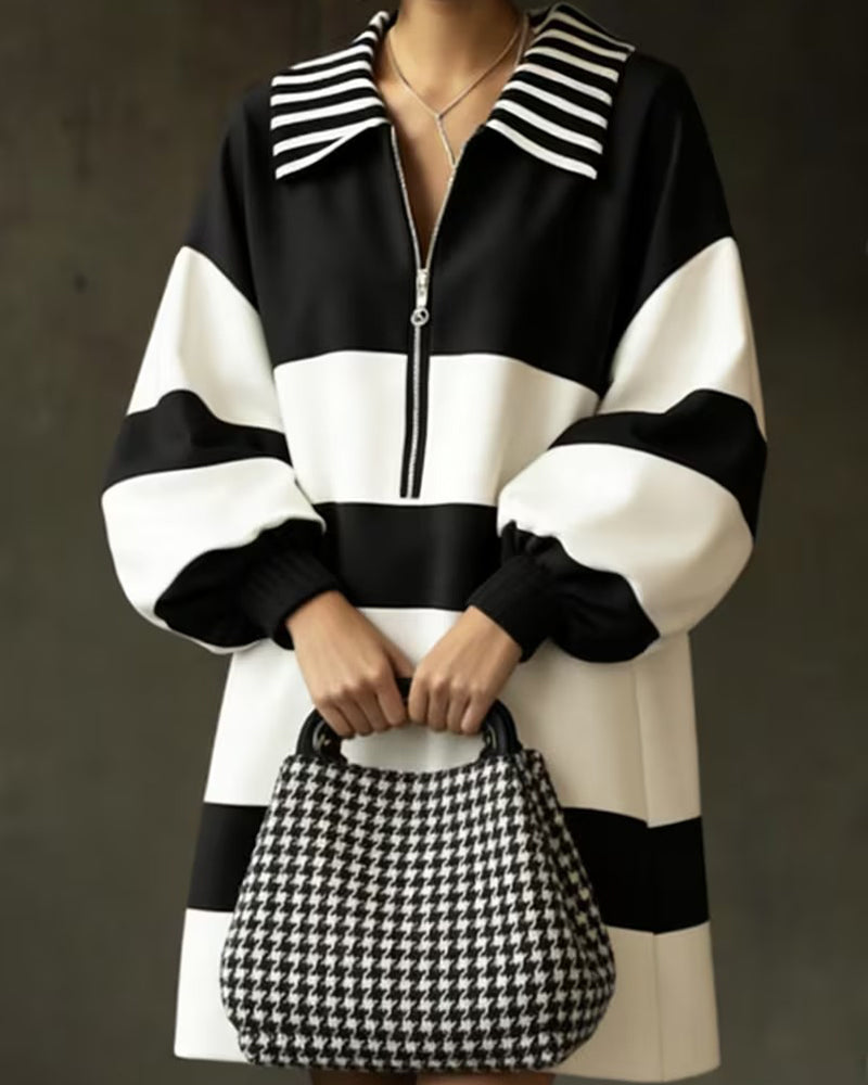 Robe Manche Lanterne Rayée Revers Fermeture Éclair