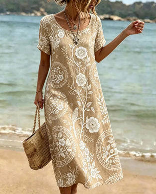 Robe Col Rond Fleuri Oiseau Imprimé