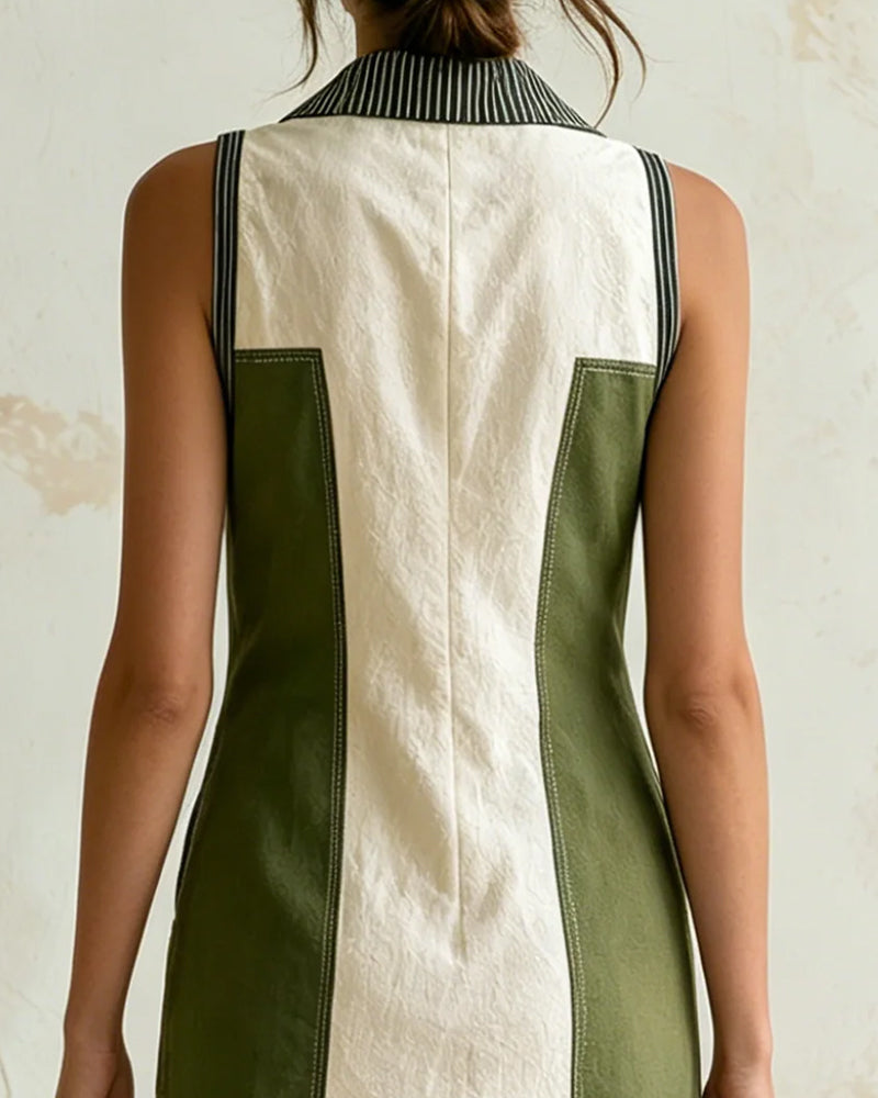 Robe Col En V Revers Bloc De Couleur Rayée Sans Manches