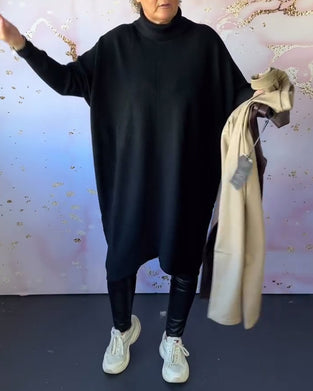 Pull décontracté à manches longues et col montant de couleur unie