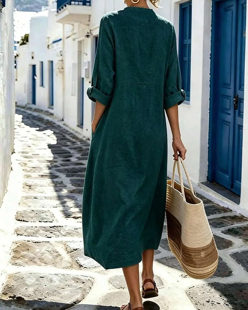 Robe Col Rond Bouton Poche Unie