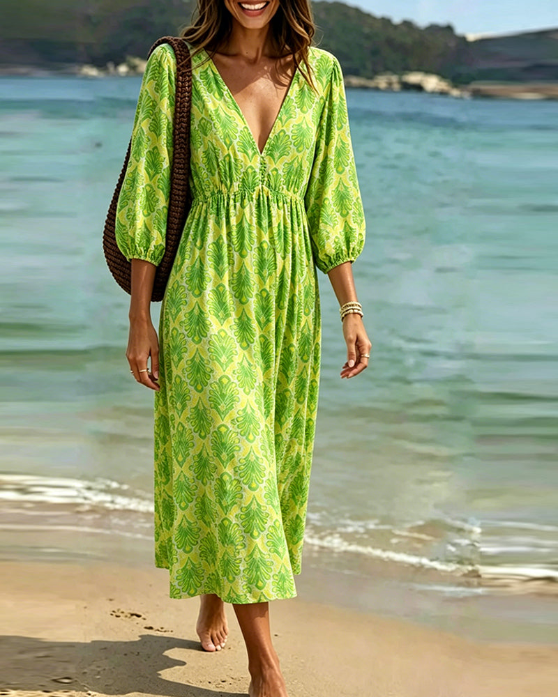 Robe Bloc Couleur Vintage Motif Feuille