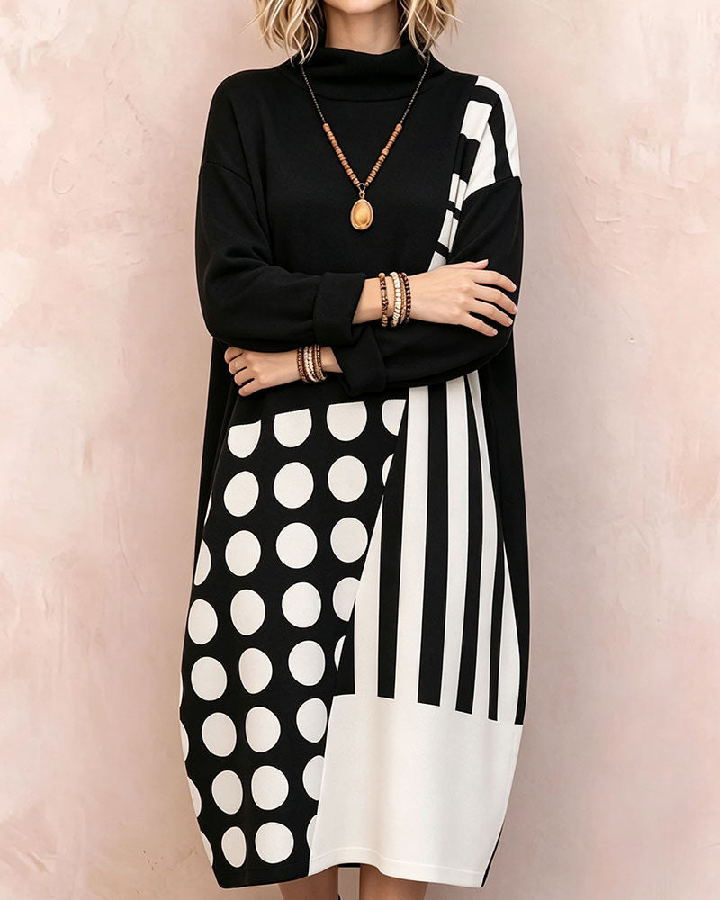 Robe Patchwork Polka Dot Rayé Col Haut Manches Longues