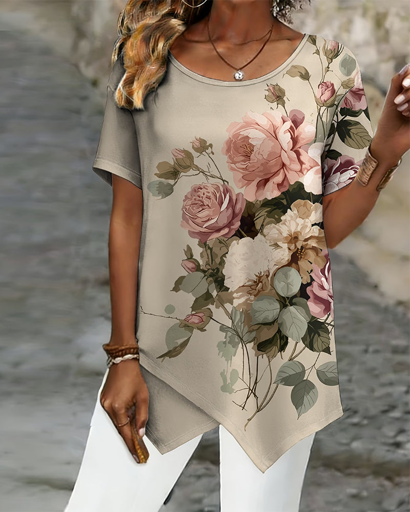 T-Shirt Vintage Grand Florale Ourlet Asymétrique Manche Courte