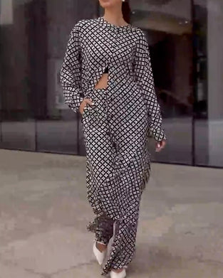 Ensemble Imprimé Géométrique Blouses Longues Avec Pantalon Ample