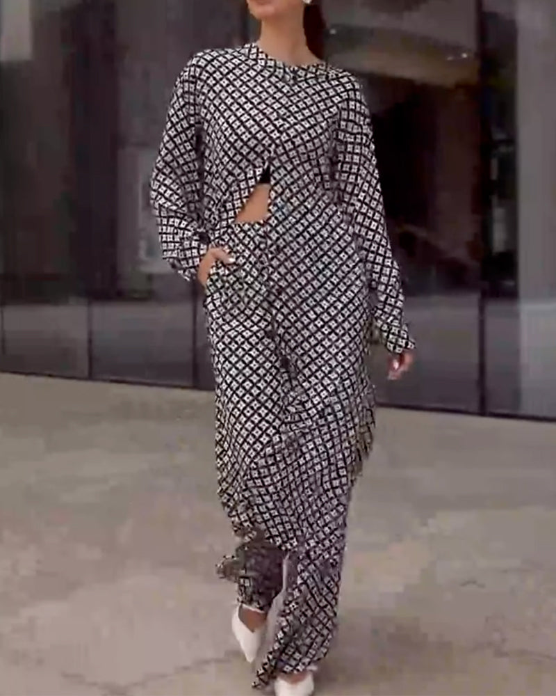 Ensemble Imprimé Géométrique Blouses Longues Avec Pantalon Ample