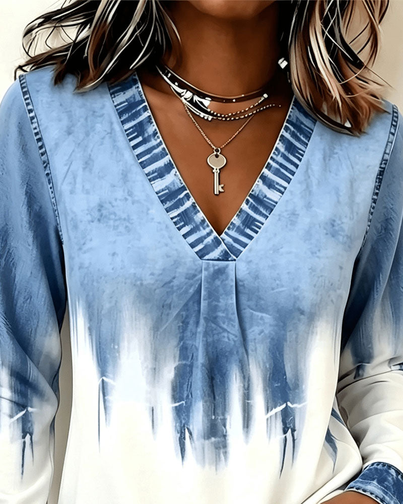 Haut Imprimé Tie-Dye Col V Manches Longues