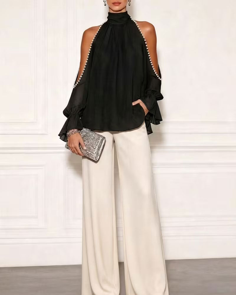 Blouse Col Roulé Off-Shoulder Volant