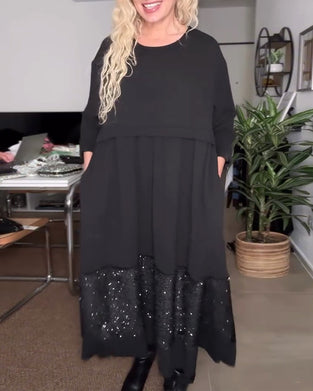 Robe Col Rond Paillette Patchwork Loose