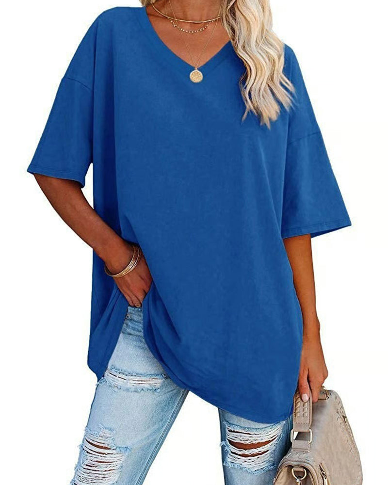 T-Shirt Col En V Lâche Décontracté Manches Courtes