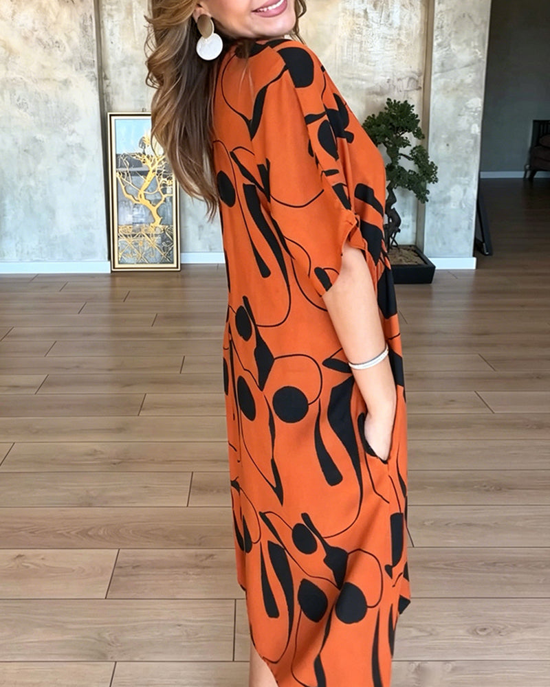 Robe Col En V Bouton Taille Haute Évasée