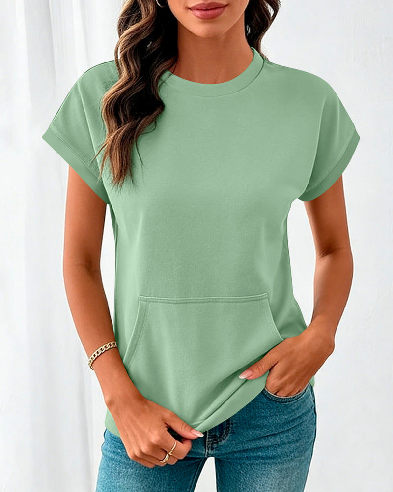Blouse Poche Devant Unie Col Rond