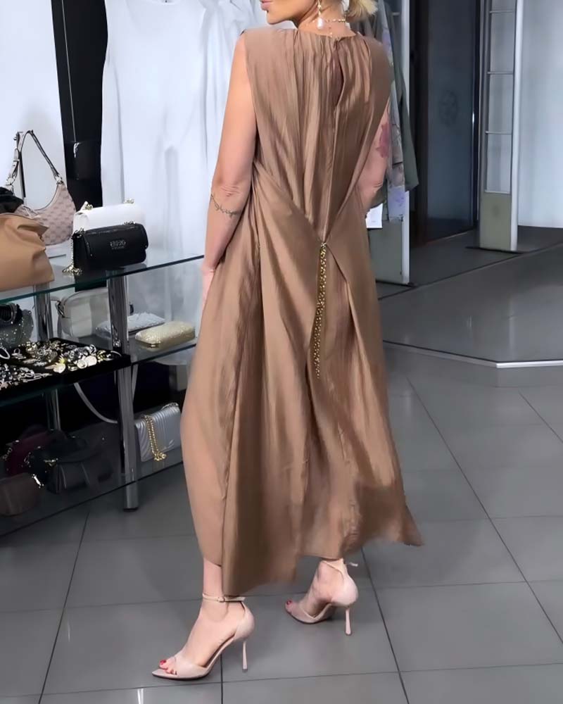 Robe Sans Manches Col Rond Plissée