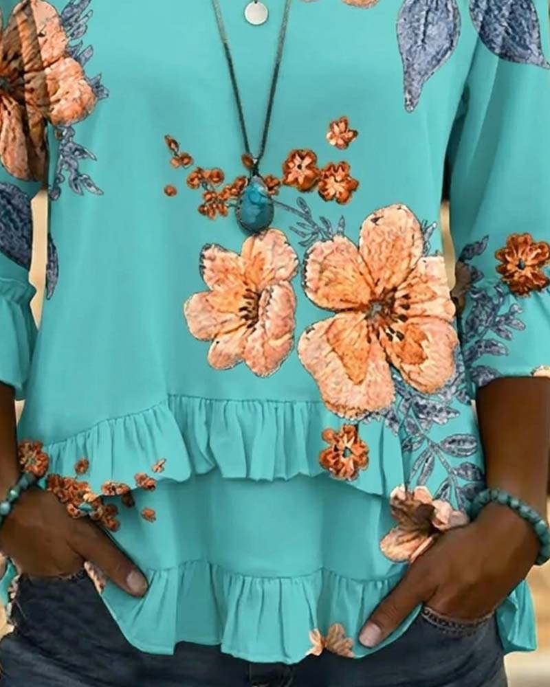 Blouse Col En V Vintage Fleuri Coupe Loose