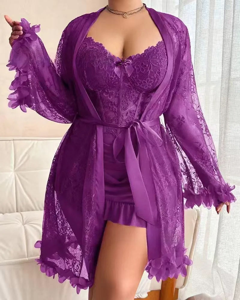 Robe Dentelle Cache-Cœur Bretelles Spaghetti Bordure Dentelle Pyjama