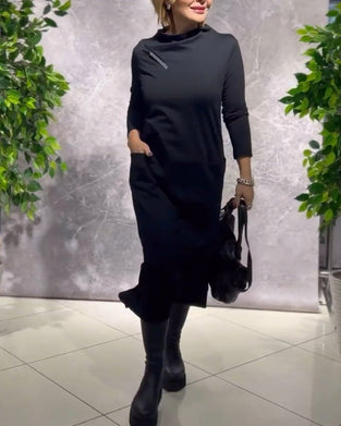 Robe Unie à Col Rond Et Poche