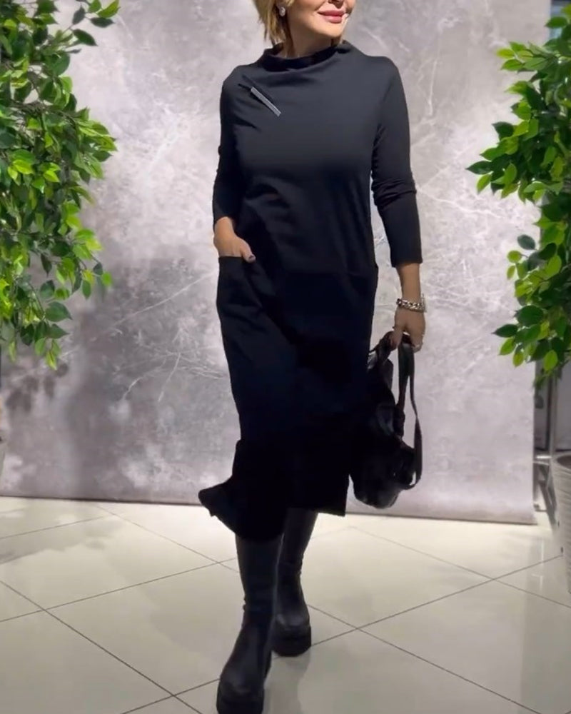 Robe Unie à Col Rond Et Poche