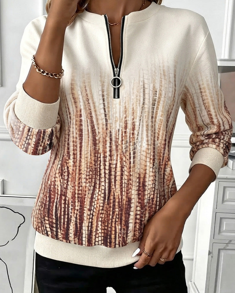 Sweat-Shirt Dégradé Col Rond Fermeture Éclair Manches Longues