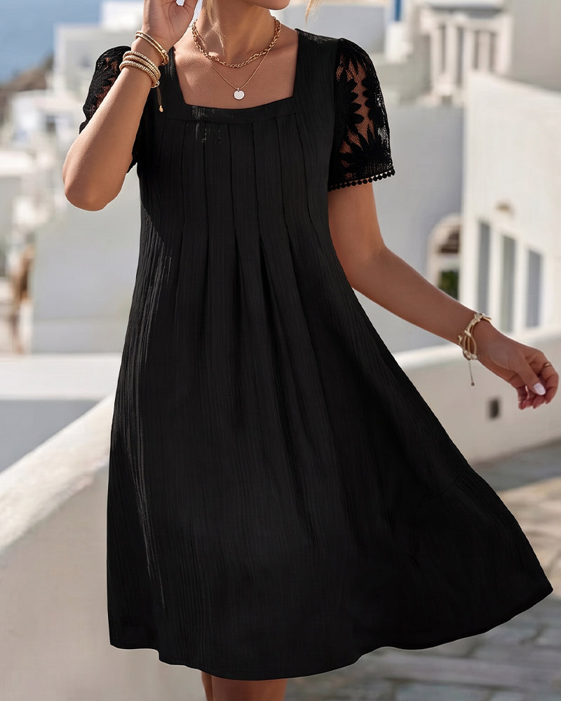 Robe Col Carré Unie Dentelle Patchwork Taille Haute
