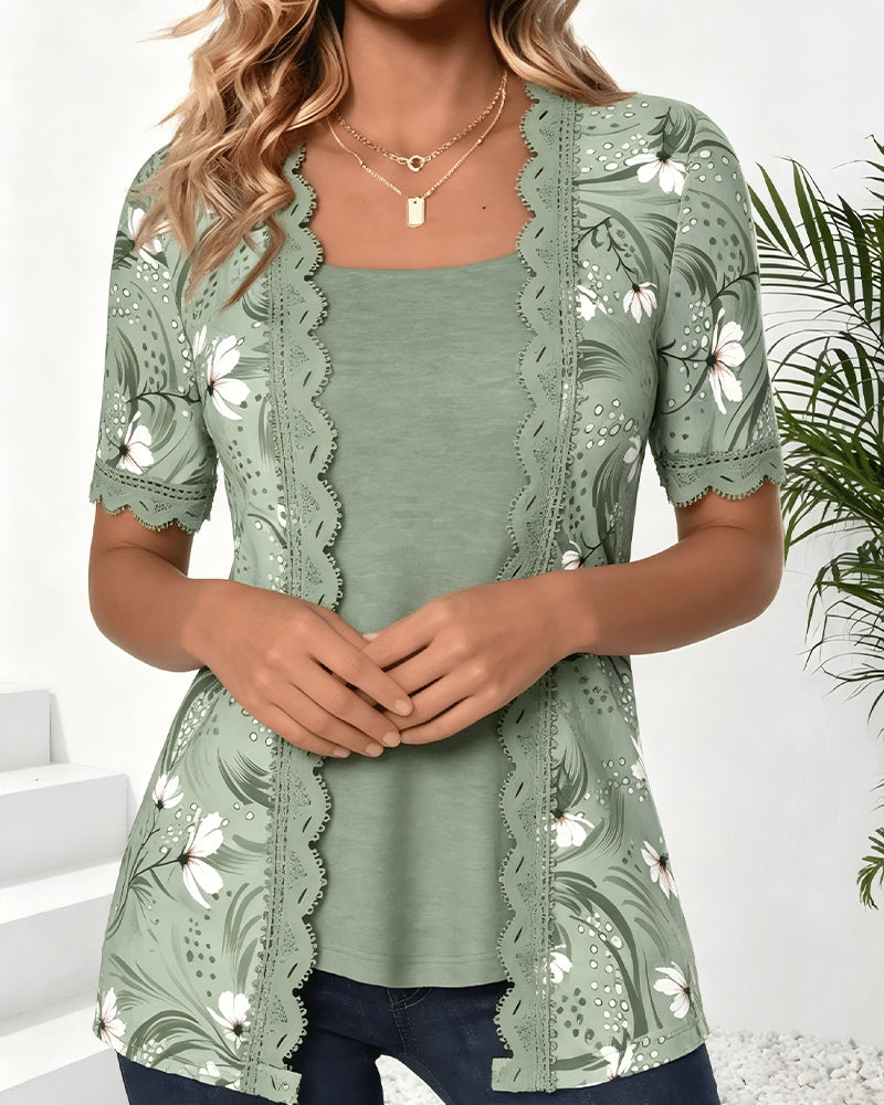 T-Shirt Fausse Superposition Vague Volant Imprimé