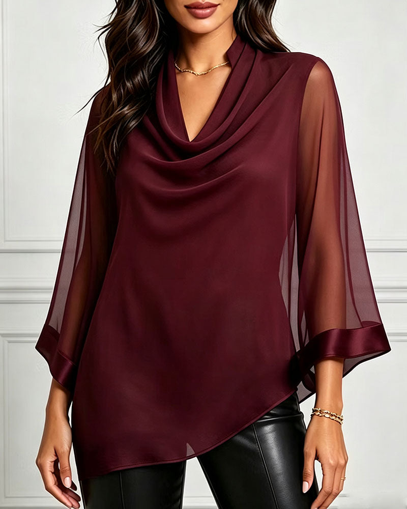 Blouse Col Cowl Irrégulier Uni Sheer