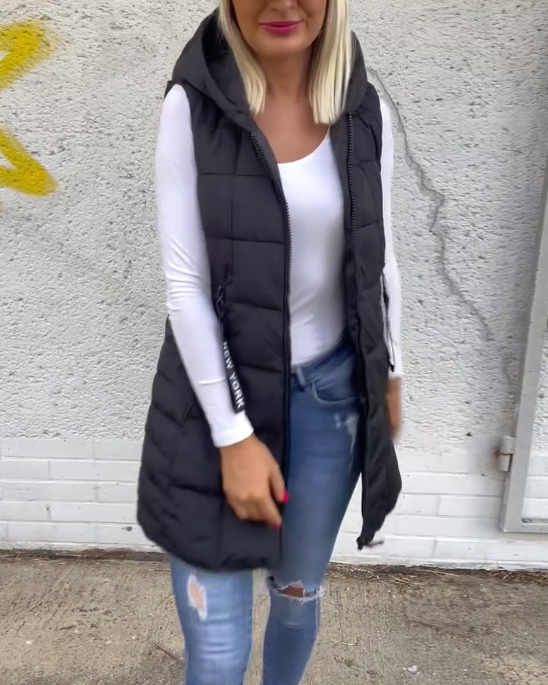 Manteau matelassé sans manches à capuche et fermeture éclair