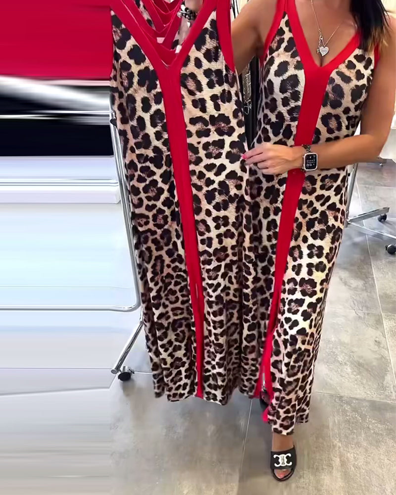 Robe Sans Manches Élégante Imprimé Léopard Contraste
