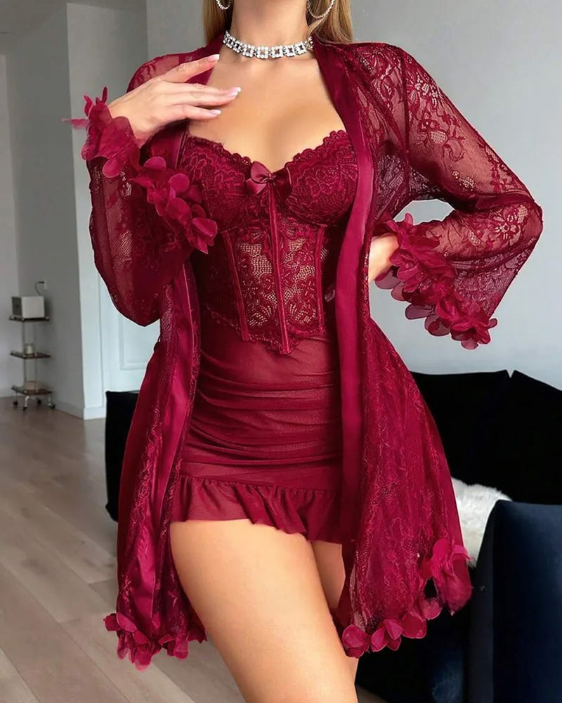 Robe Dentelle Cache-Cœur Bretelles Spaghetti Bordure Dentelle Pyjama