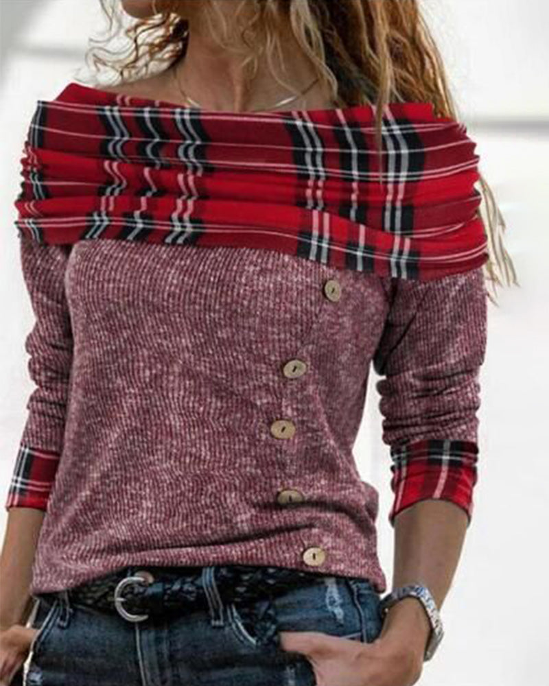 Haut Épaules Dénudées Col Drapé Manche Longue Plaid Contraste