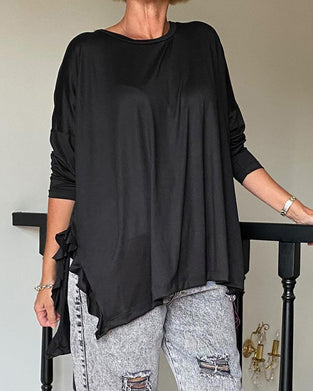Blouse décontractée à col rond de couleur unie