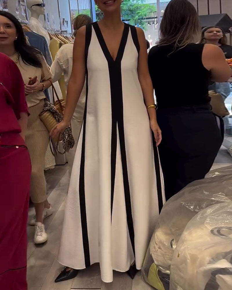 Robe Col en V Sans Manches Colorblock Lâche