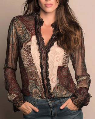Chemise Imprimé Rétro Patchwork Manches Longues