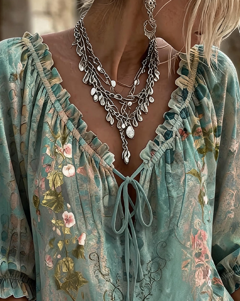 Blouse Imprimé Floral Cordon Manche Trois Quarts