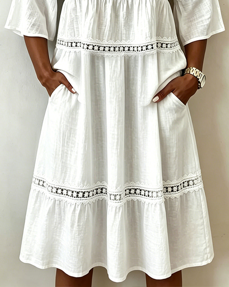 Robe Col Carré Dentelle Patchwork