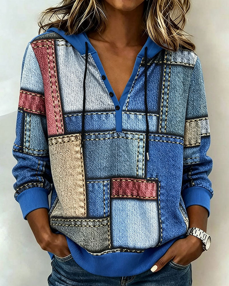 Hoodie Col V Bloc De Couleur Bouton
