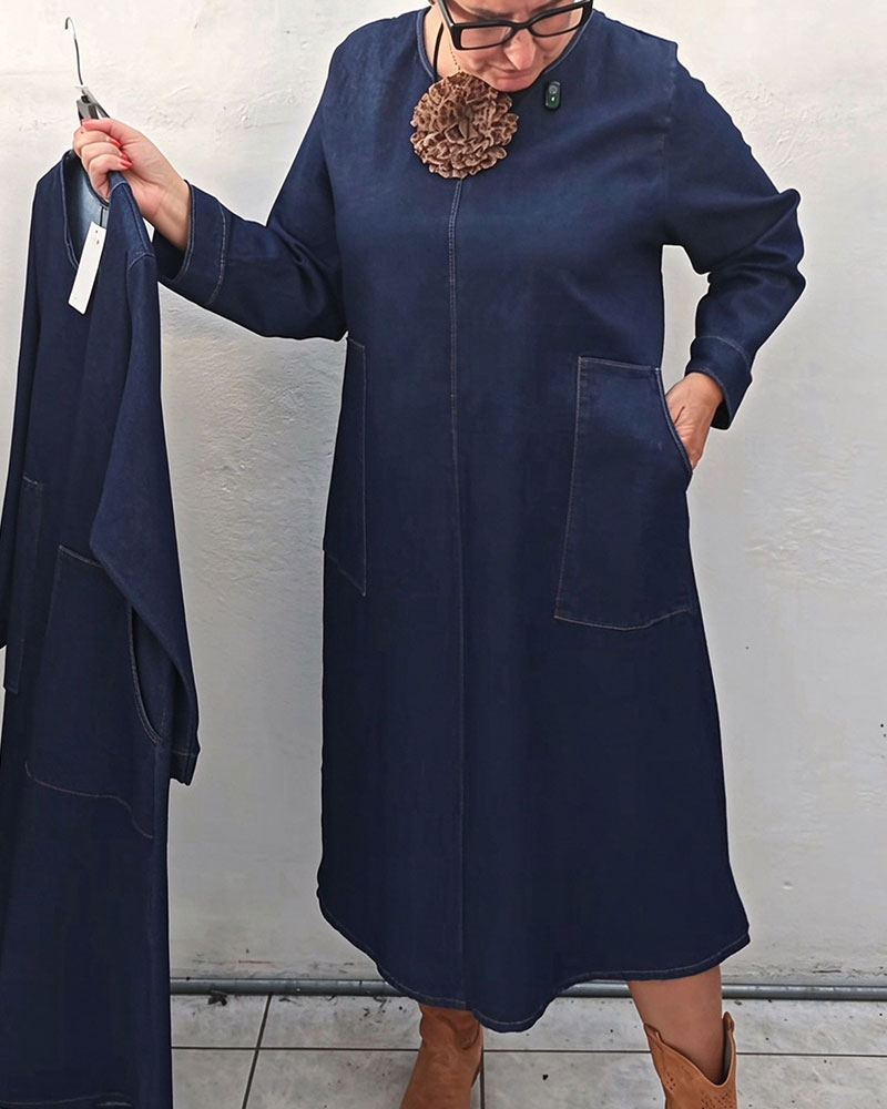 Robe Col Rond Poche Droite Manche Longue Denim