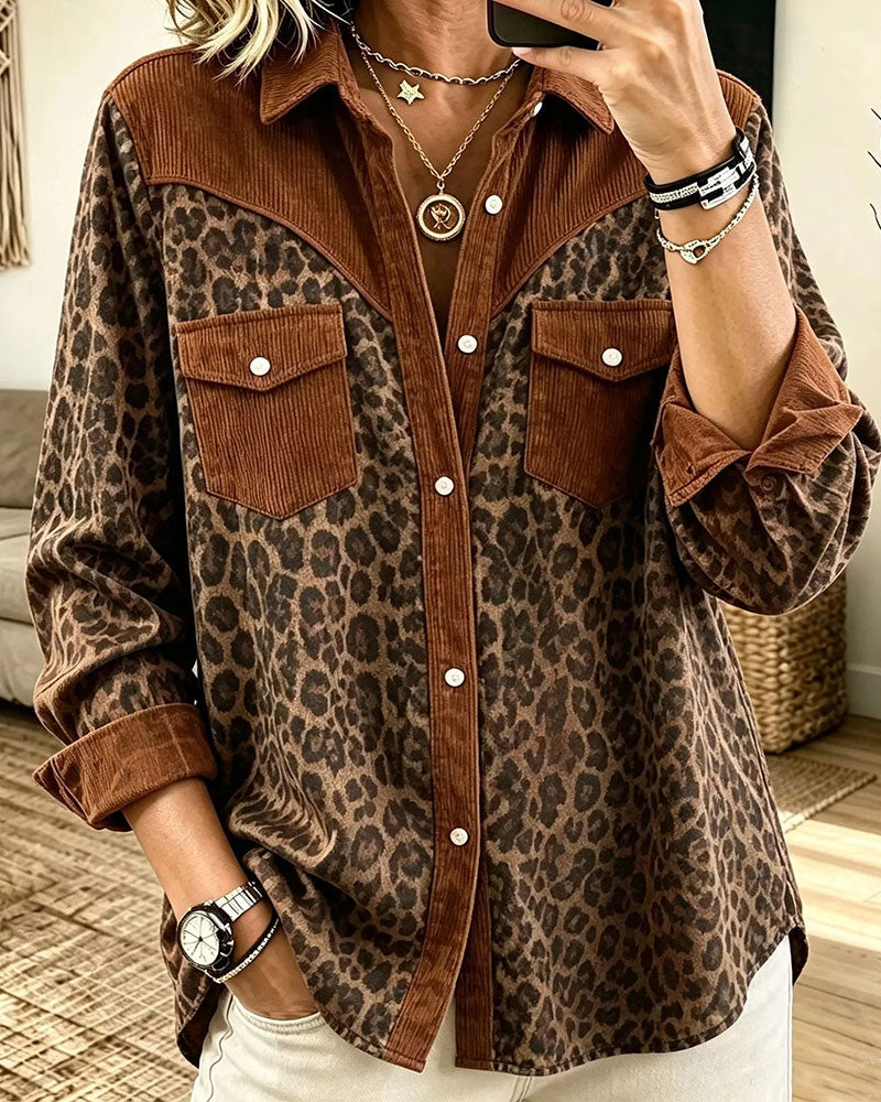 Chemise Revers Bouton Léopard Bloc De Couleur