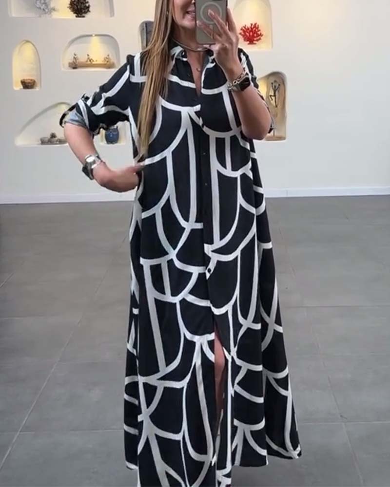 Robe longue fendue à revers imprimé contrasté